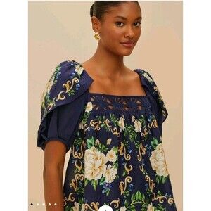 Farm Rio Blue Flower Tapestry Yoke Blouse Square Neck Puff Sleeves Size XL